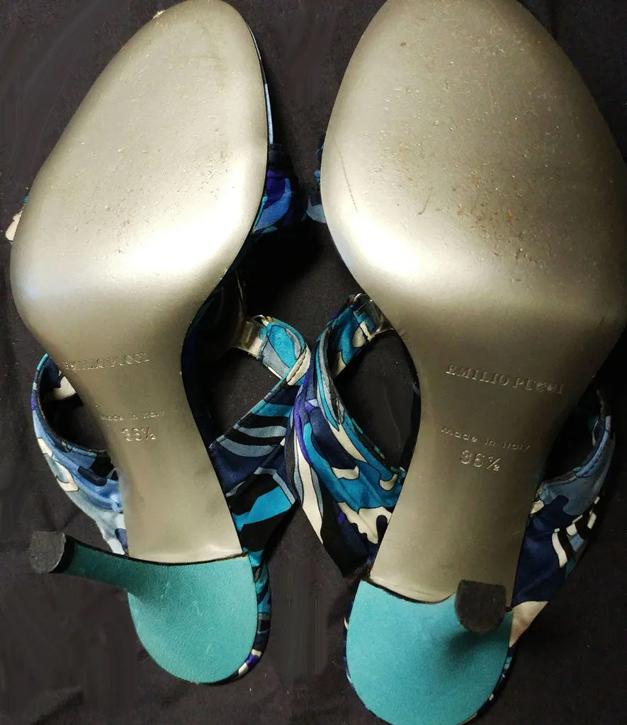 *BEAUTIFUL EMILIO PUCCI FAMOUS COLORS OF TURQUOISE & PURPLE SATIN HEELS / MULES WITH SPARKLING RHINESTONES & SIGNATURE