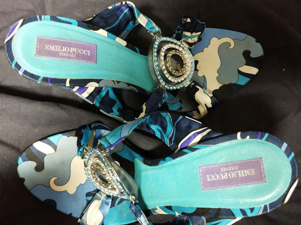 *BEAUTIFUL EMILIO PUCCI FAMOUS COLORS OF TURQUOISE & PURPLE SATIN HEELS / MULES WITH SPARKLING RHINESTONES & SIGNATURE