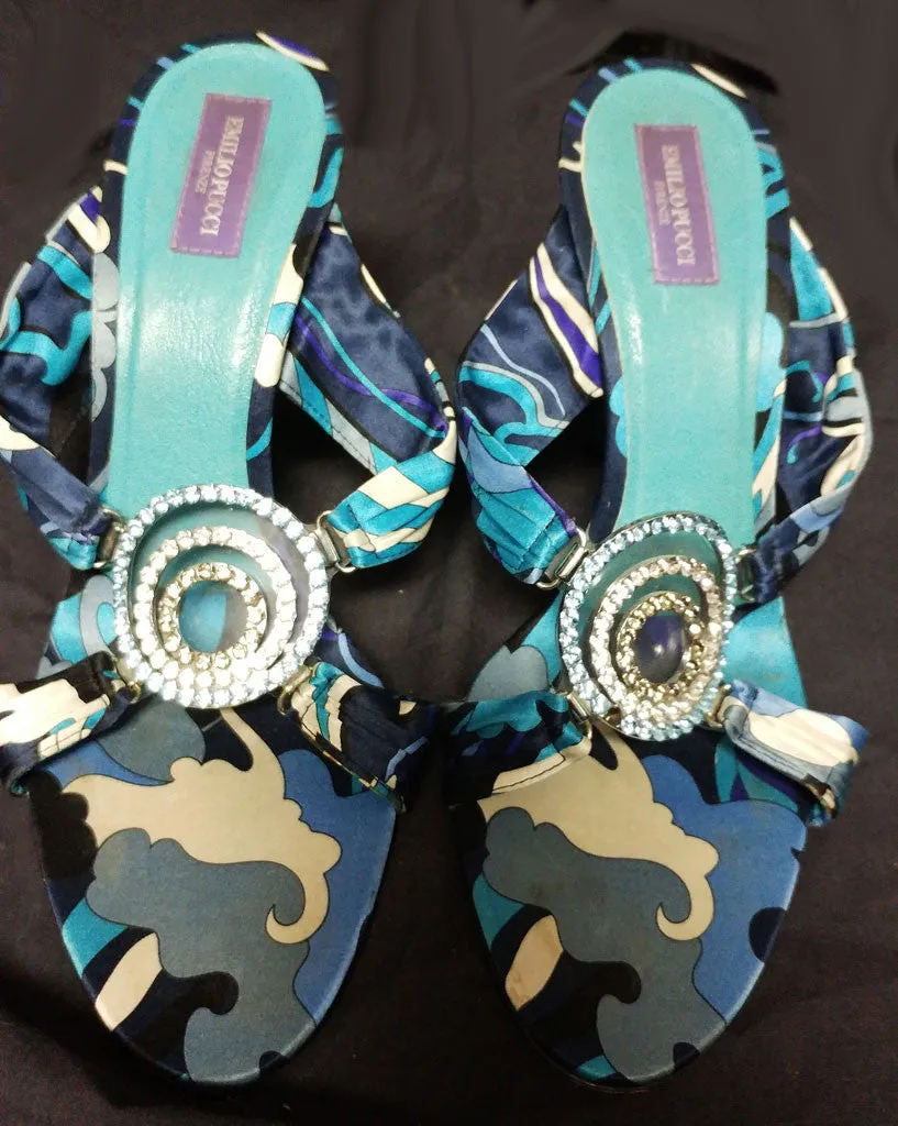 *BEAUTIFUL EMILIO PUCCI FAMOUS COLORS OF TURQUOISE & PURPLE SATIN HEELS / MULES WITH SPARKLING RHINESTONES & SIGNATURE