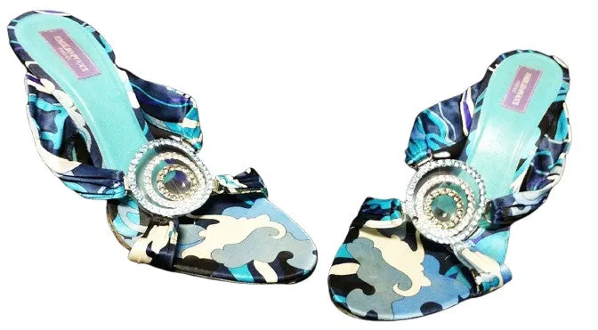 *BEAUTIFUL EMILIO PUCCI FAMOUS COLORS OF TURQUOISE & PURPLE SATIN HEELS / MULES WITH SPARKLING RHINESTONES & SIGNATURE
