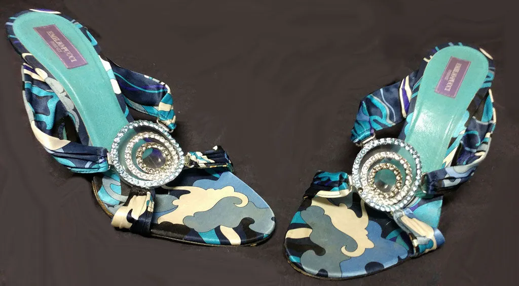 *BEAUTIFUL EMILIO PUCCI FAMOUS COLORS OF TURQUOISE & PURPLE SATIN HEELS / MULES WITH SPARKLING RHINESTONES & SIGNATURE