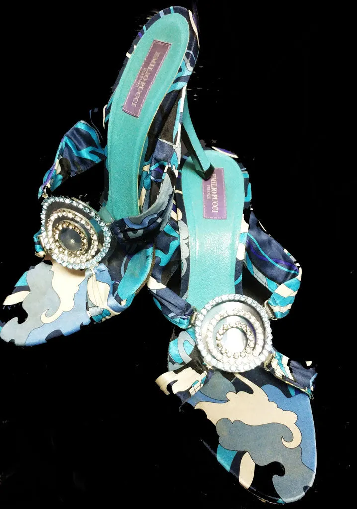 *BEAUTIFUL EMILIO PUCCI FAMOUS COLORS OF TURQUOISE & PURPLE SATIN HEELS / MULES WITH SPARKLING RHINESTONES & SIGNATURE