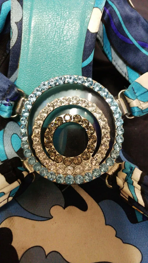 *BEAUTIFUL EMILIO PUCCI FAMOUS COLORS OF TURQUOISE & PURPLE SATIN HEELS / MULES WITH SPARKLING RHINESTONES & SIGNATURE