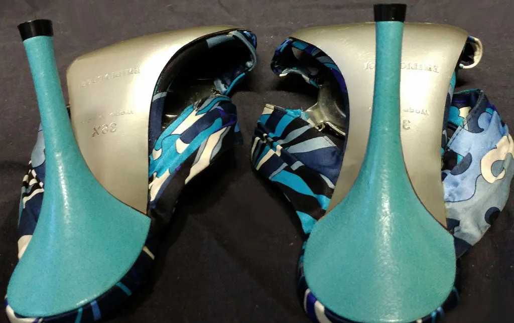 *BEAUTIFUL EMILIO PUCCI FAMOUS COLORS OF TURQUOISE & PURPLE SATIN HEELS / MULES WITH SPARKLING RHINESTONES & SIGNATURE