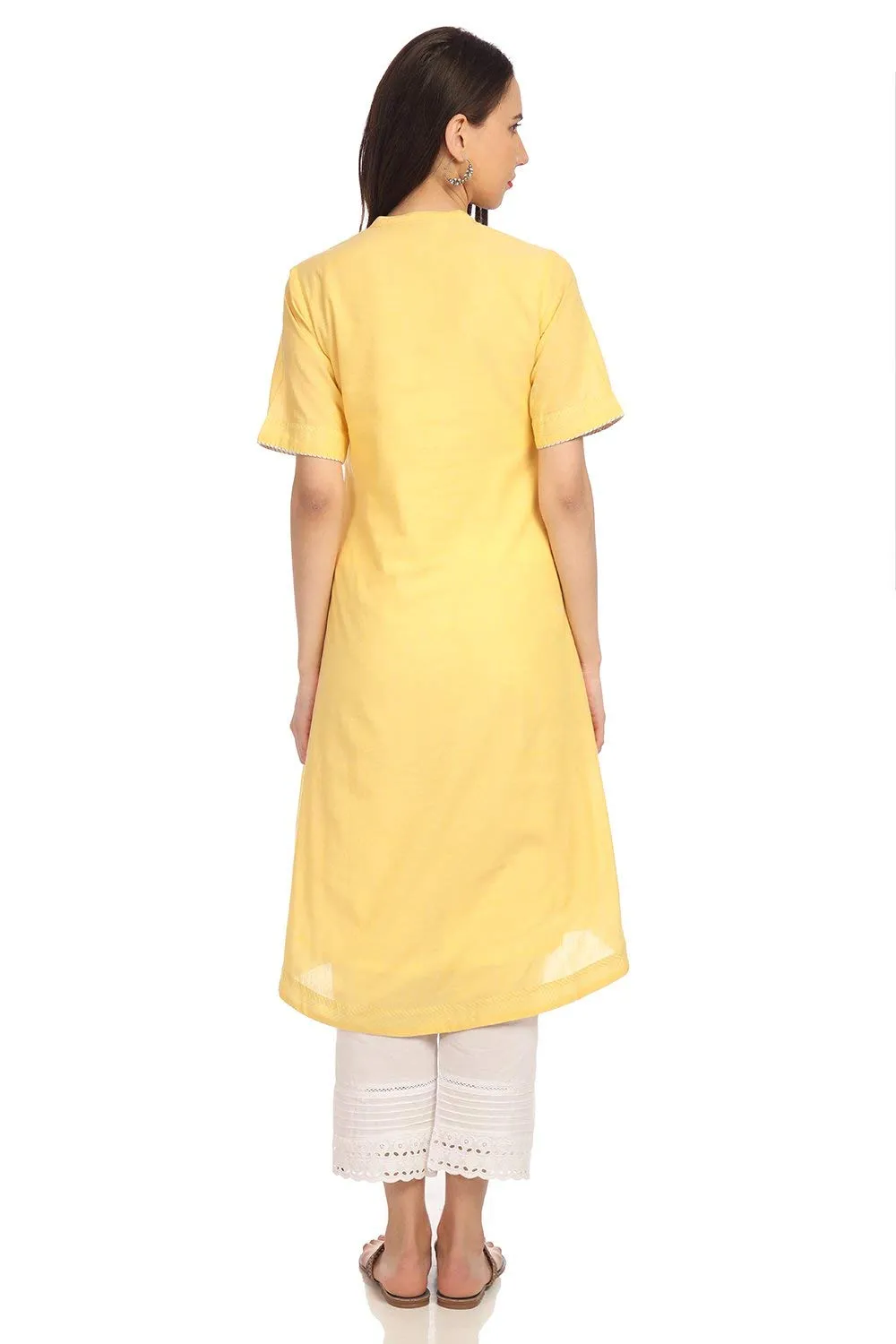 BIBA Women's Yellow A-Line Cotton Yarndyed Kurta