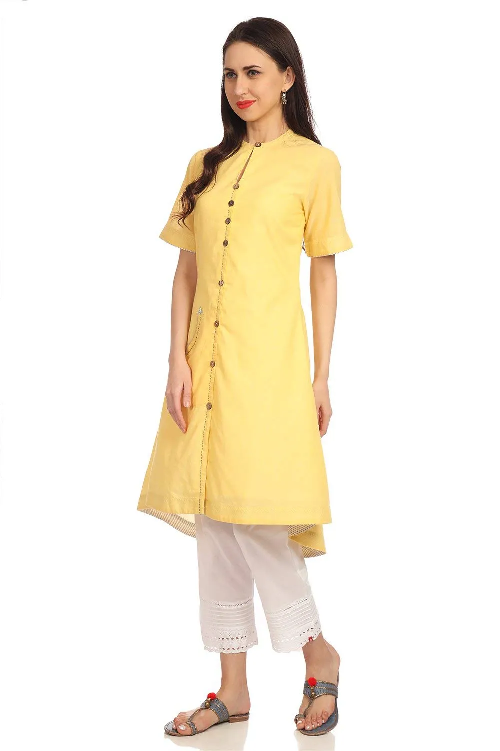 BIBA Women's Yellow A-Line Cotton Yarndyed Kurta