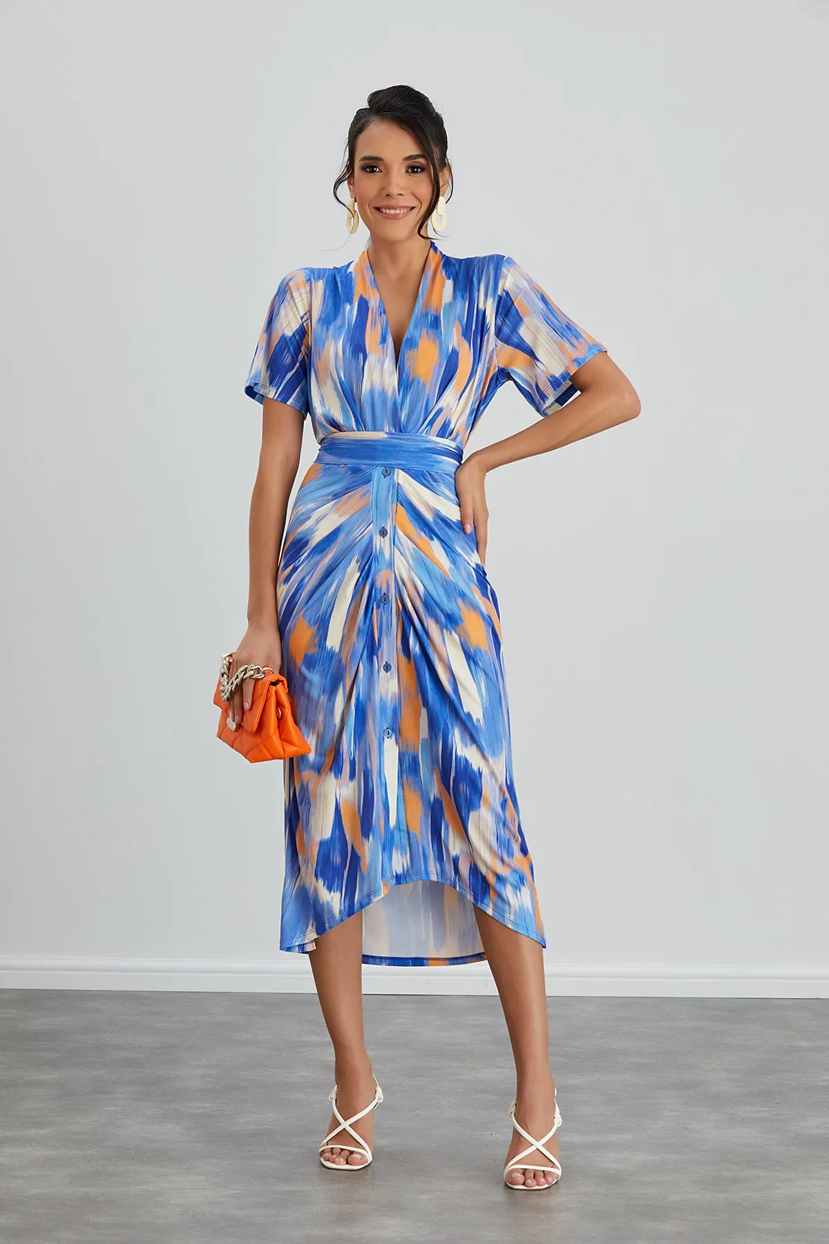 Blue Dream Angel Sleeve Midi Shirt Dress