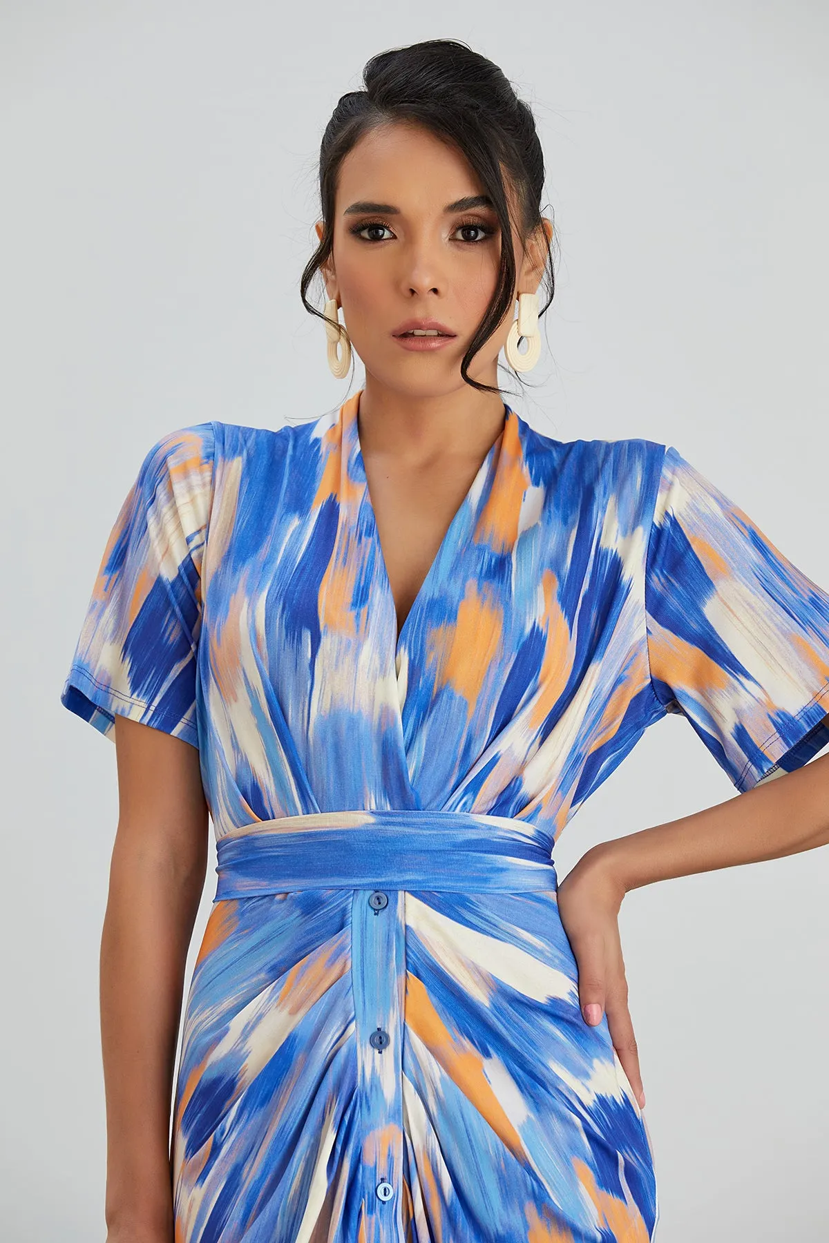 Blue Dream Angel Sleeve Midi Shirt Dress