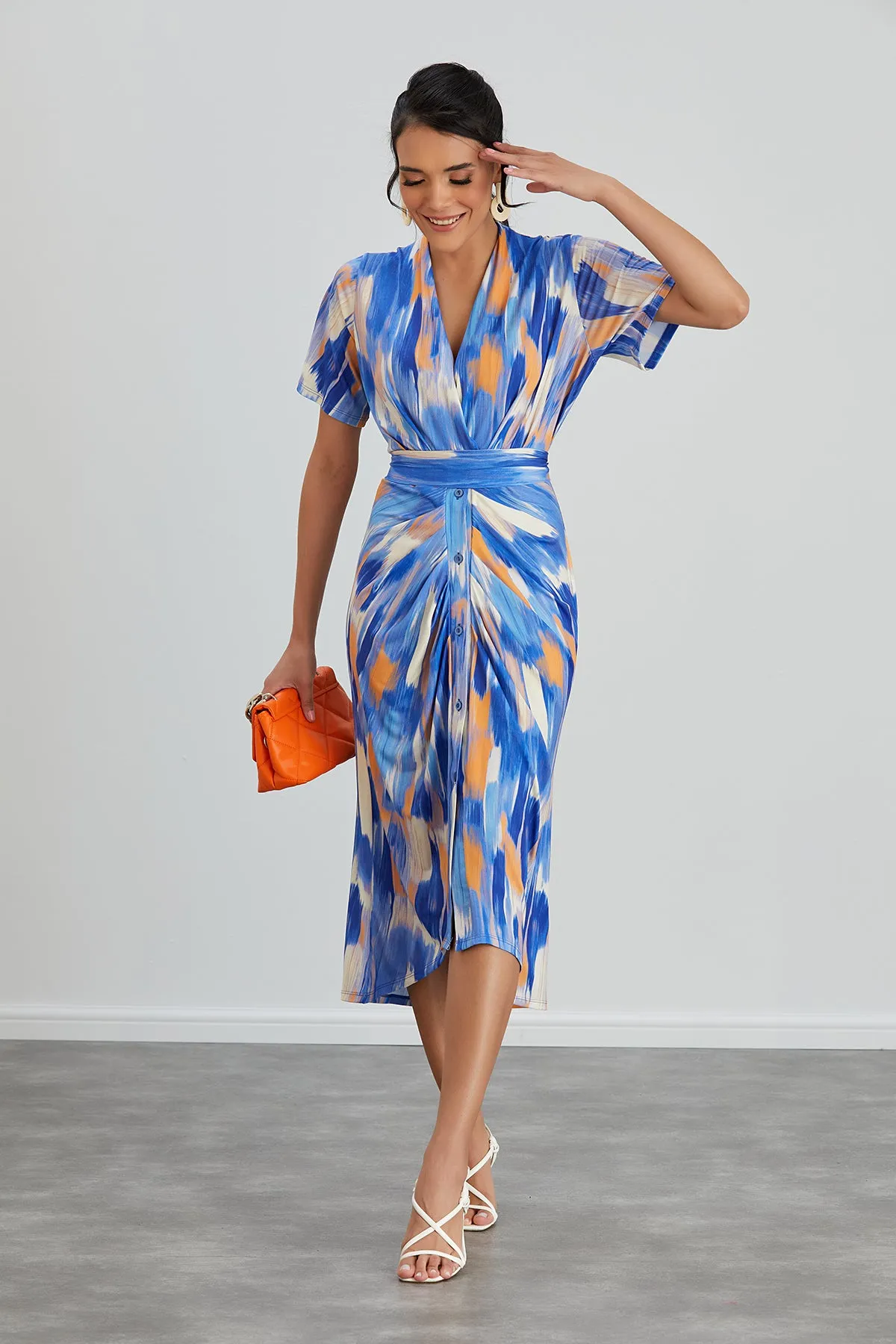 Blue Dream Angel Sleeve Midi Shirt Dress