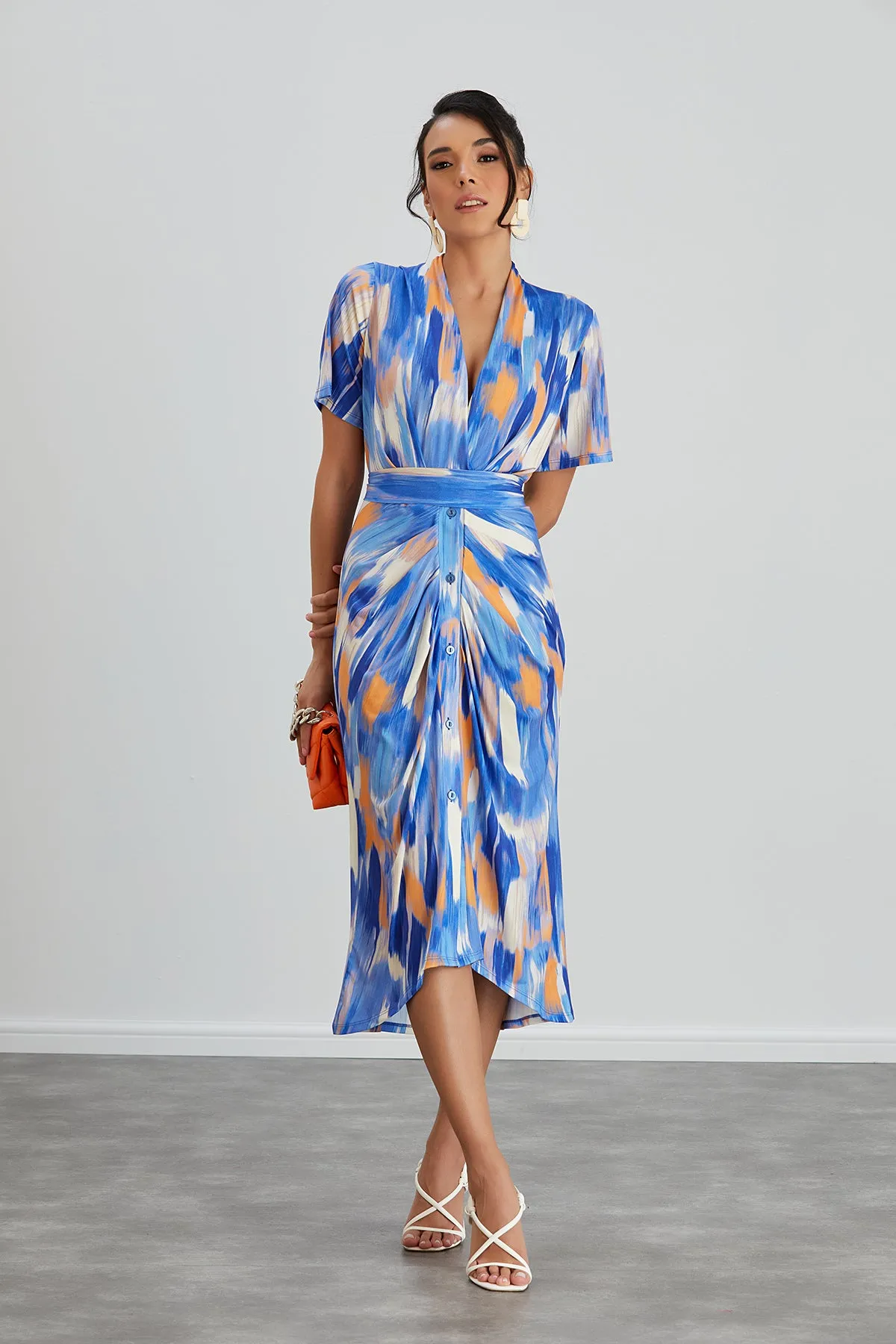 Blue Dream Angel Sleeve Midi Shirt Dress