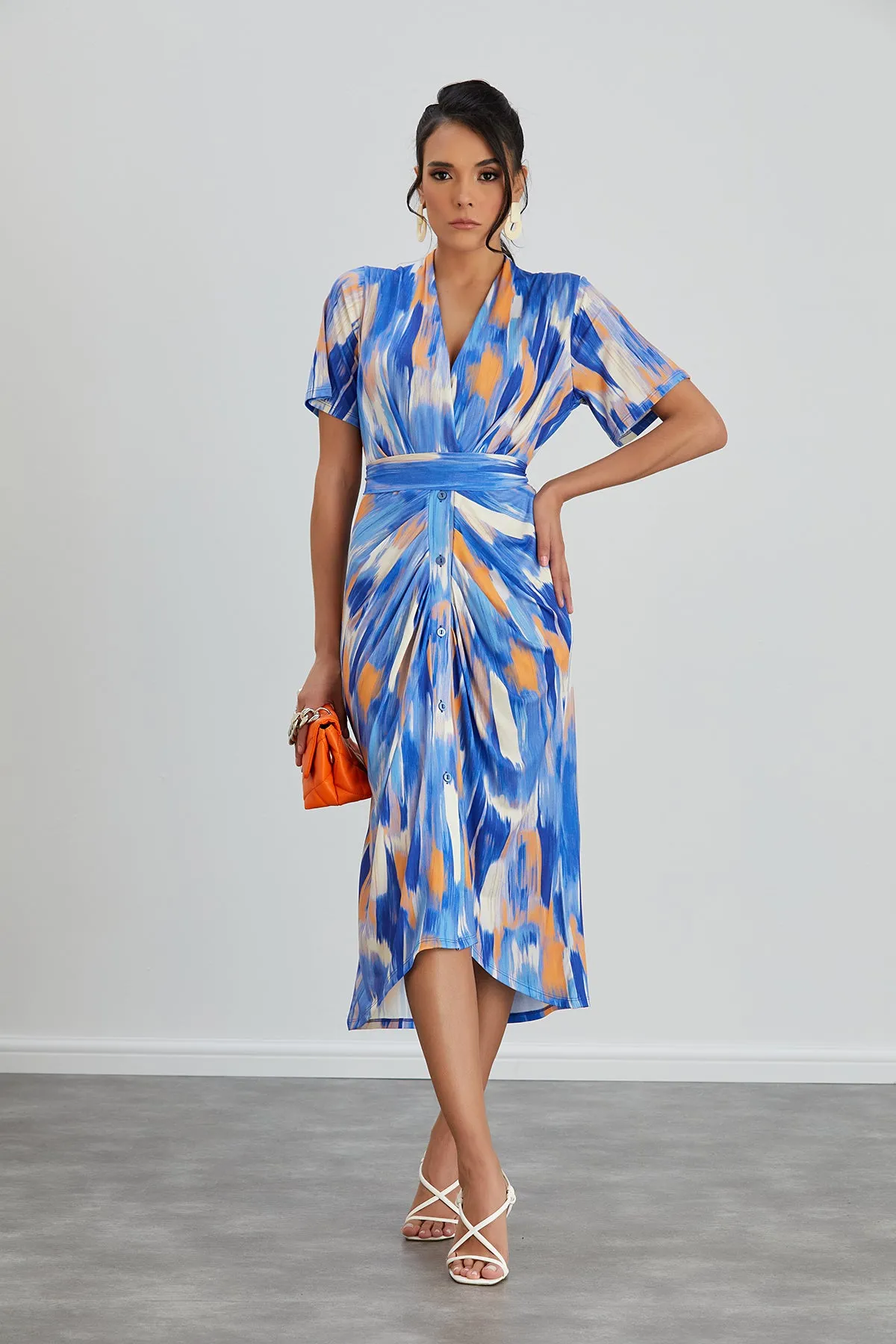 Blue Dream Angel Sleeve Midi Shirt Dress
