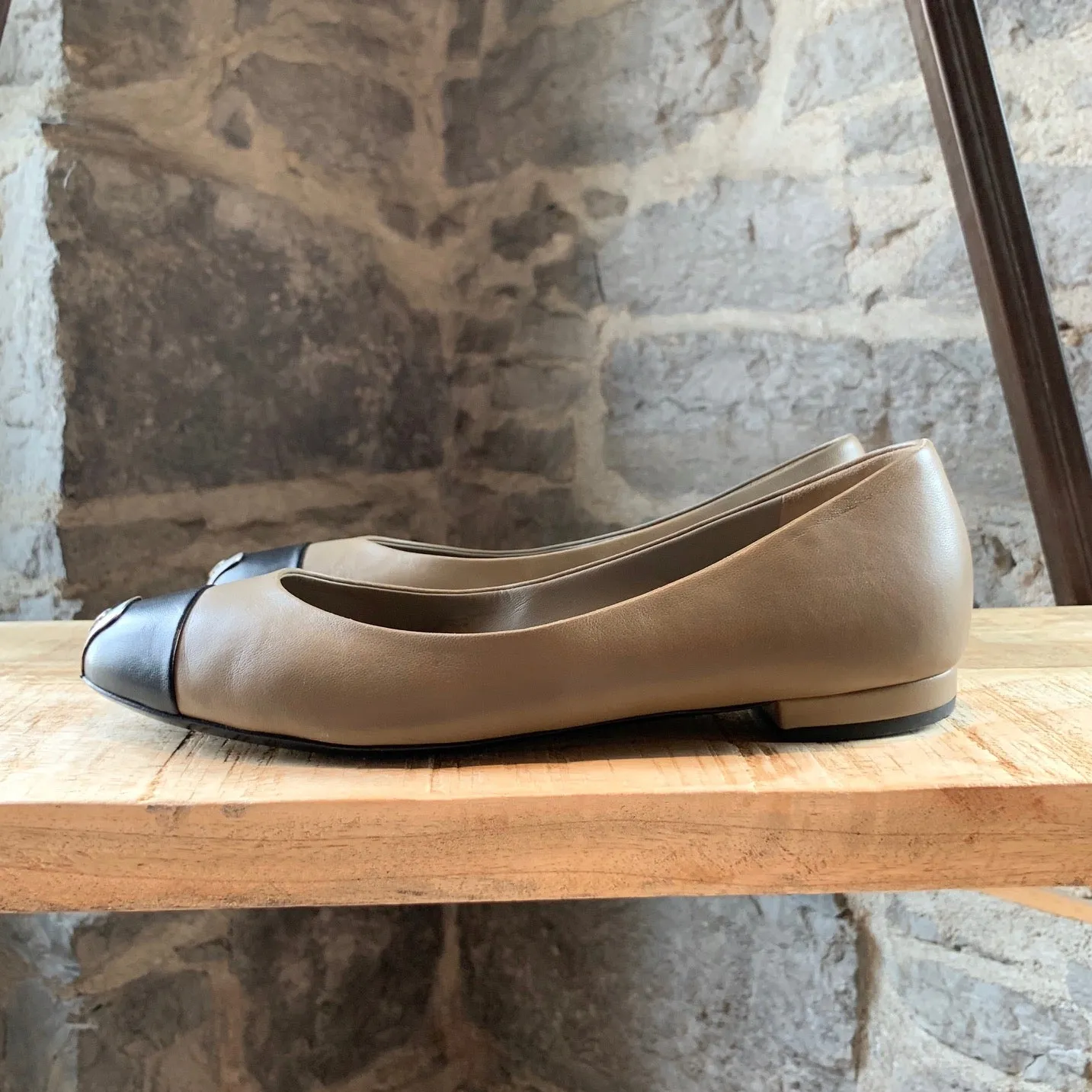 Chanel Brown Cap Toe Flat with Logo Plaque