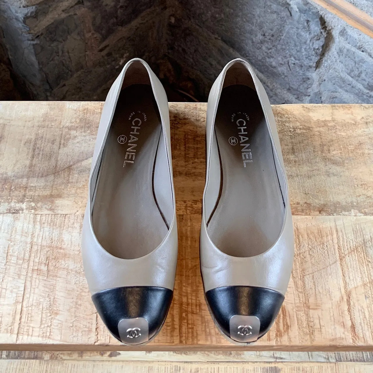 Chanel Brown Cap Toe Flat with Logo Plaque