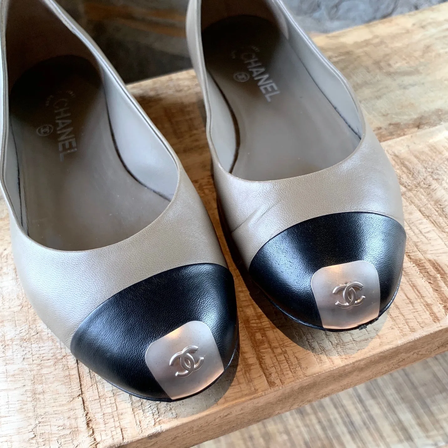 Chanel Brown Cap Toe Flat with Logo Plaque