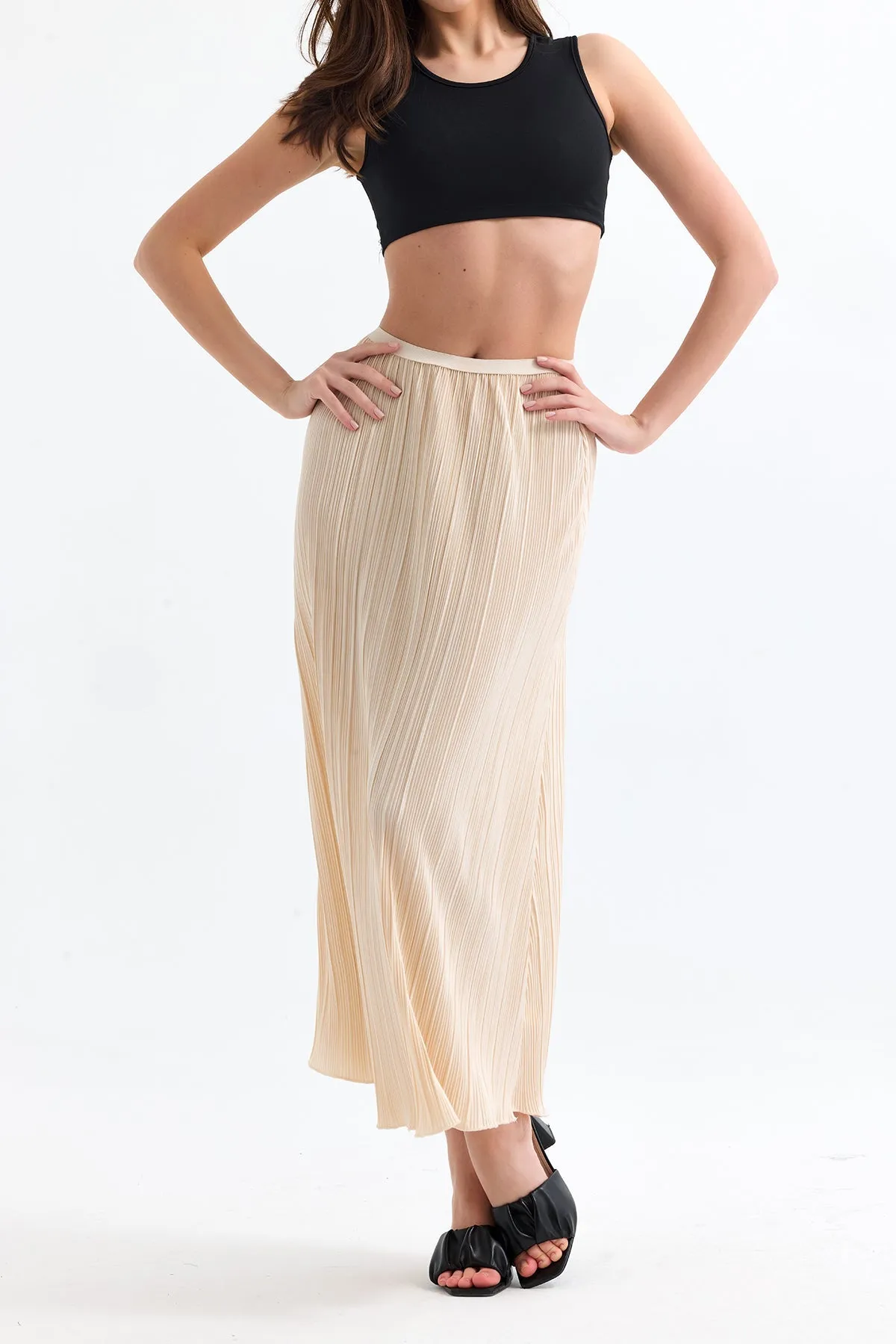 Classic Pleated Midi Skirt in Beige