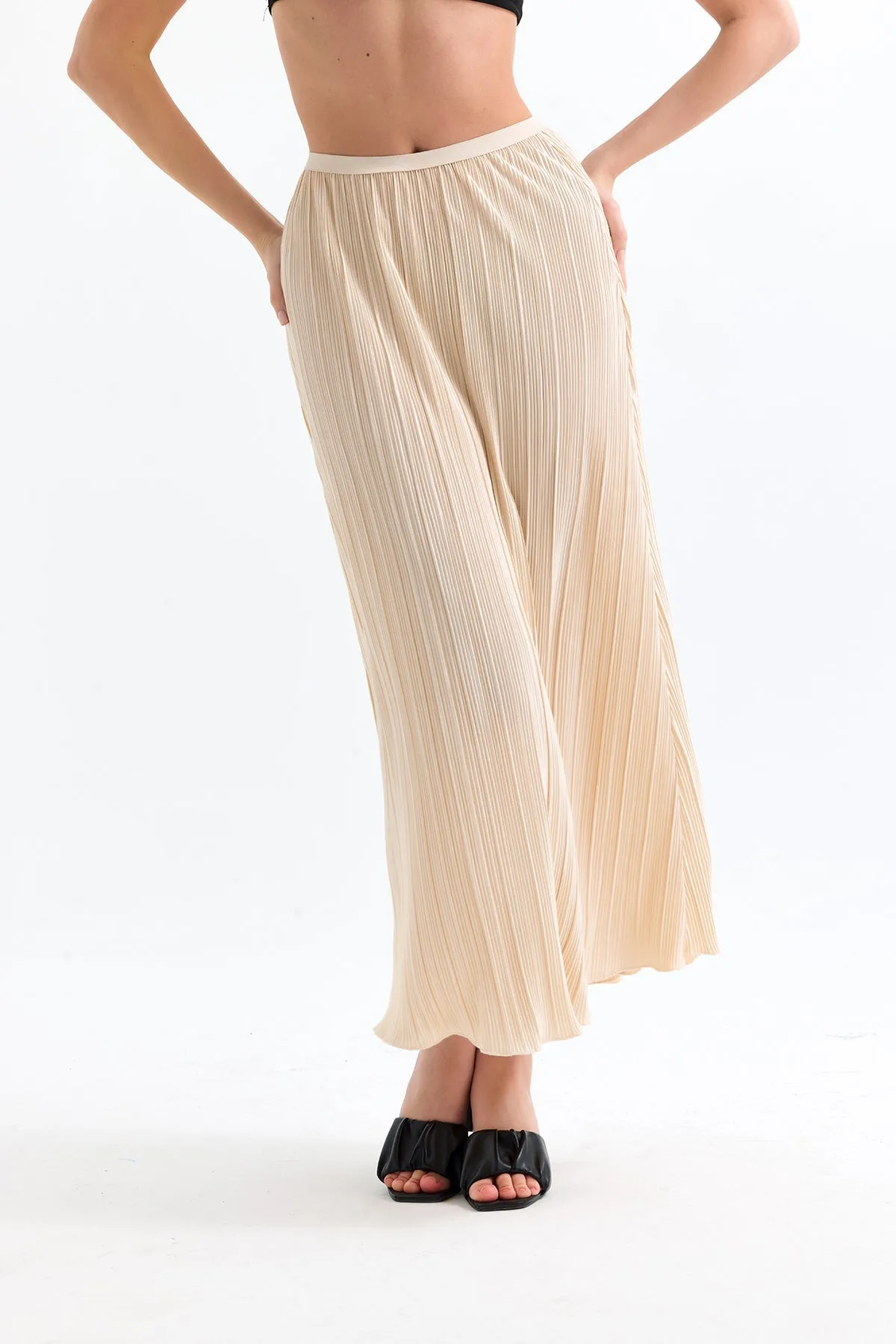 Classic Pleated Midi Skirt in Beige