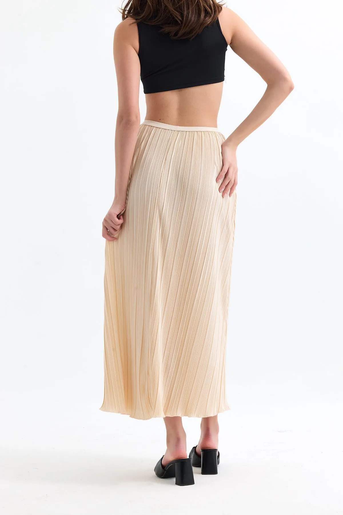 Classic Pleated Midi Skirt in Beige