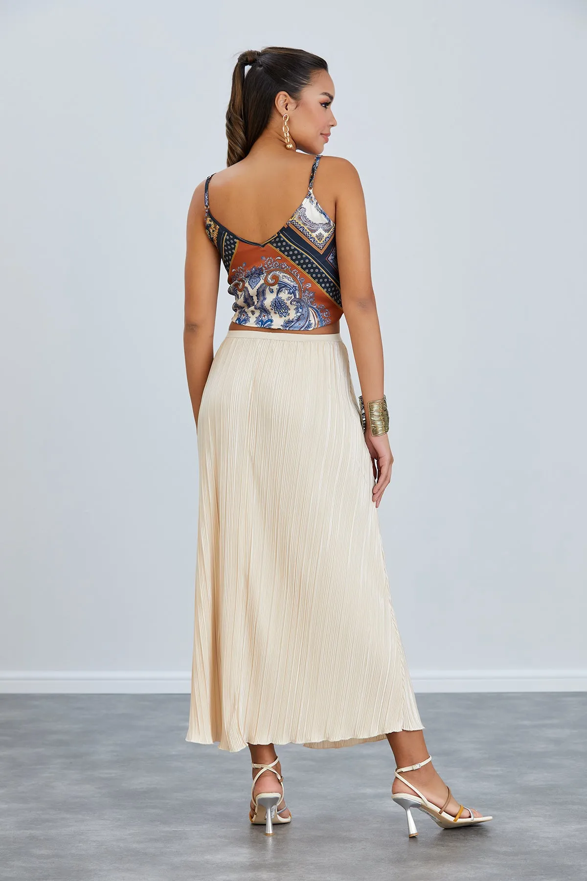 Classic Pleated Midi Skirt in Beige