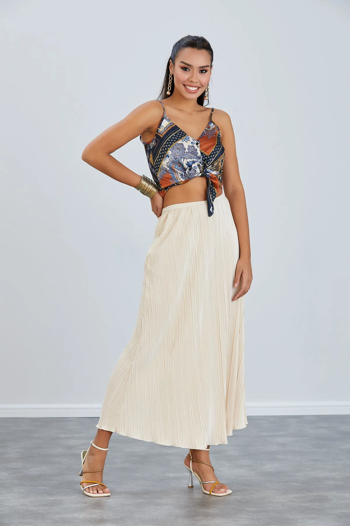 Classic Pleated Midi Skirt in Beige