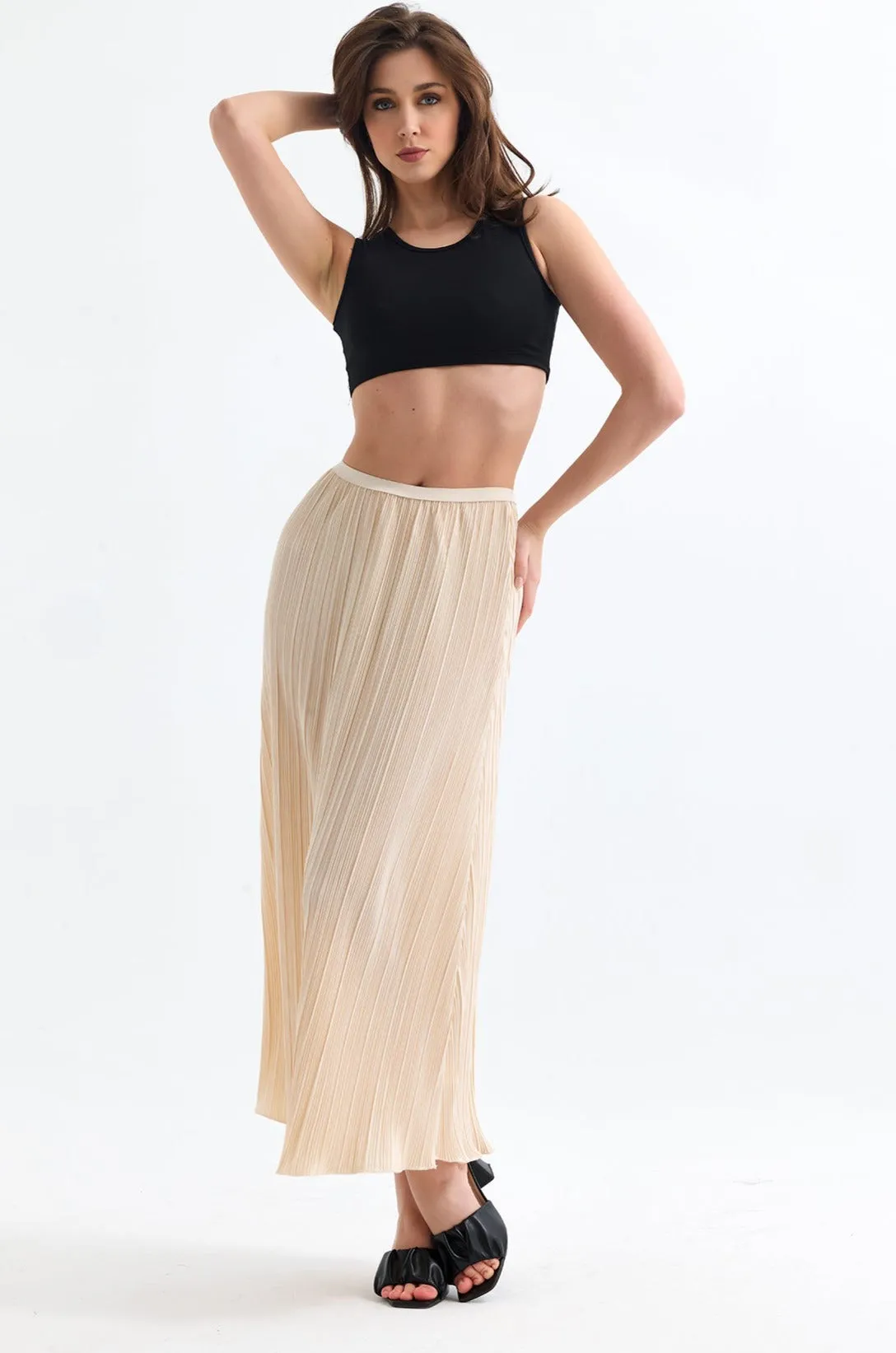 Classic Pleated Midi Skirt in Beige
