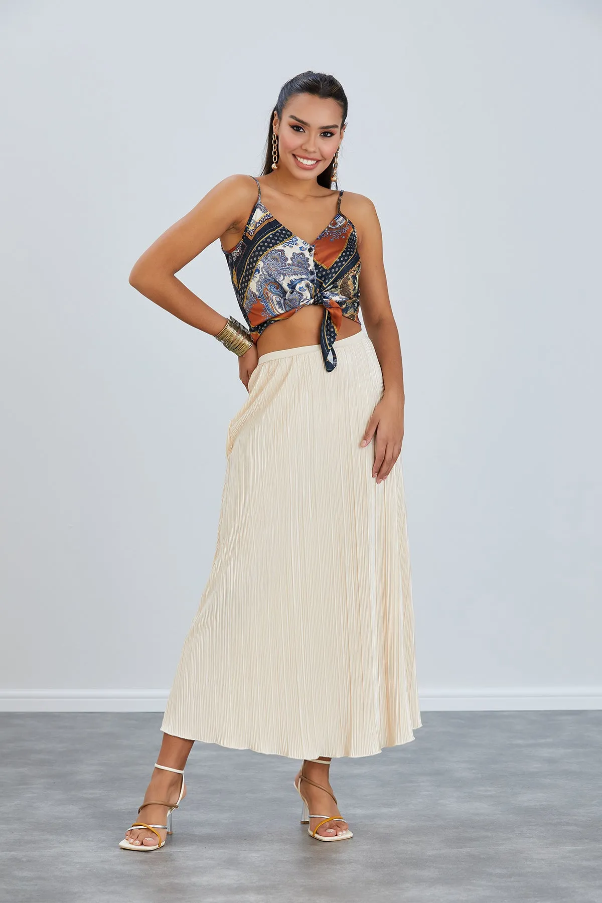 Classic Pleated Midi Skirt in Beige