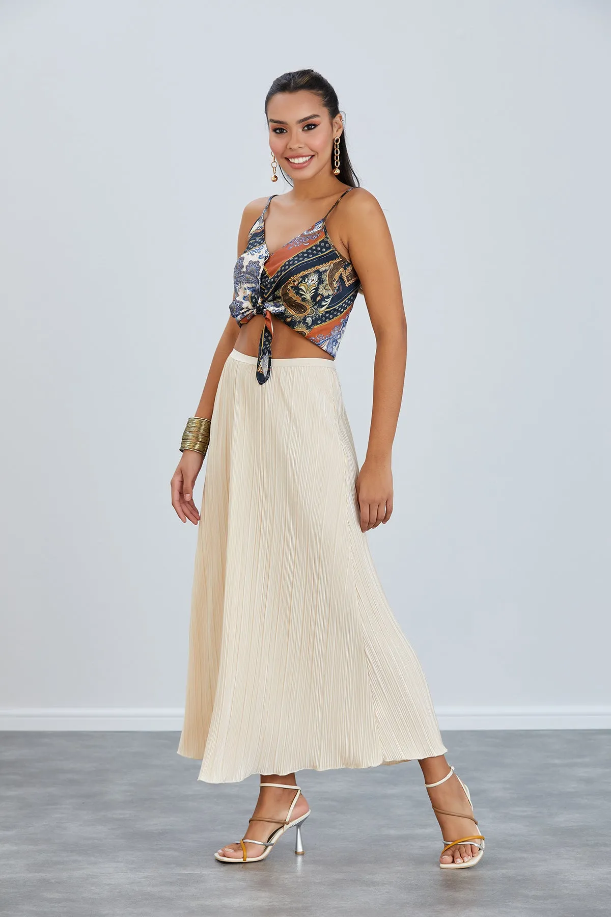 Classic Pleated Midi Skirt in Beige