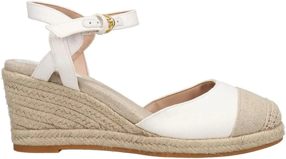 Cole Haan Cloudfeel White Linen/Natural Ankle Strap Wedge Heeled Cap Toe Sandals