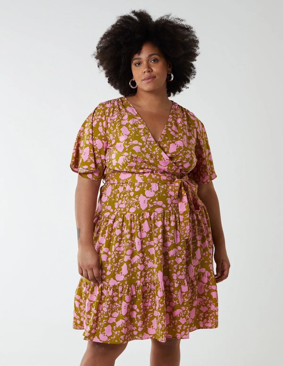 Curve Wrap Front Tier Hem Angel Sleeve Dress