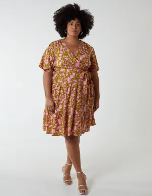 Curve Wrap Front Tier Hem Angel Sleeve Dress