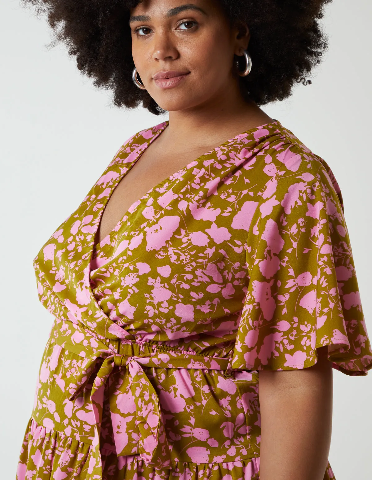 Curve Wrap Front Tier Hem Angel Sleeve Dress