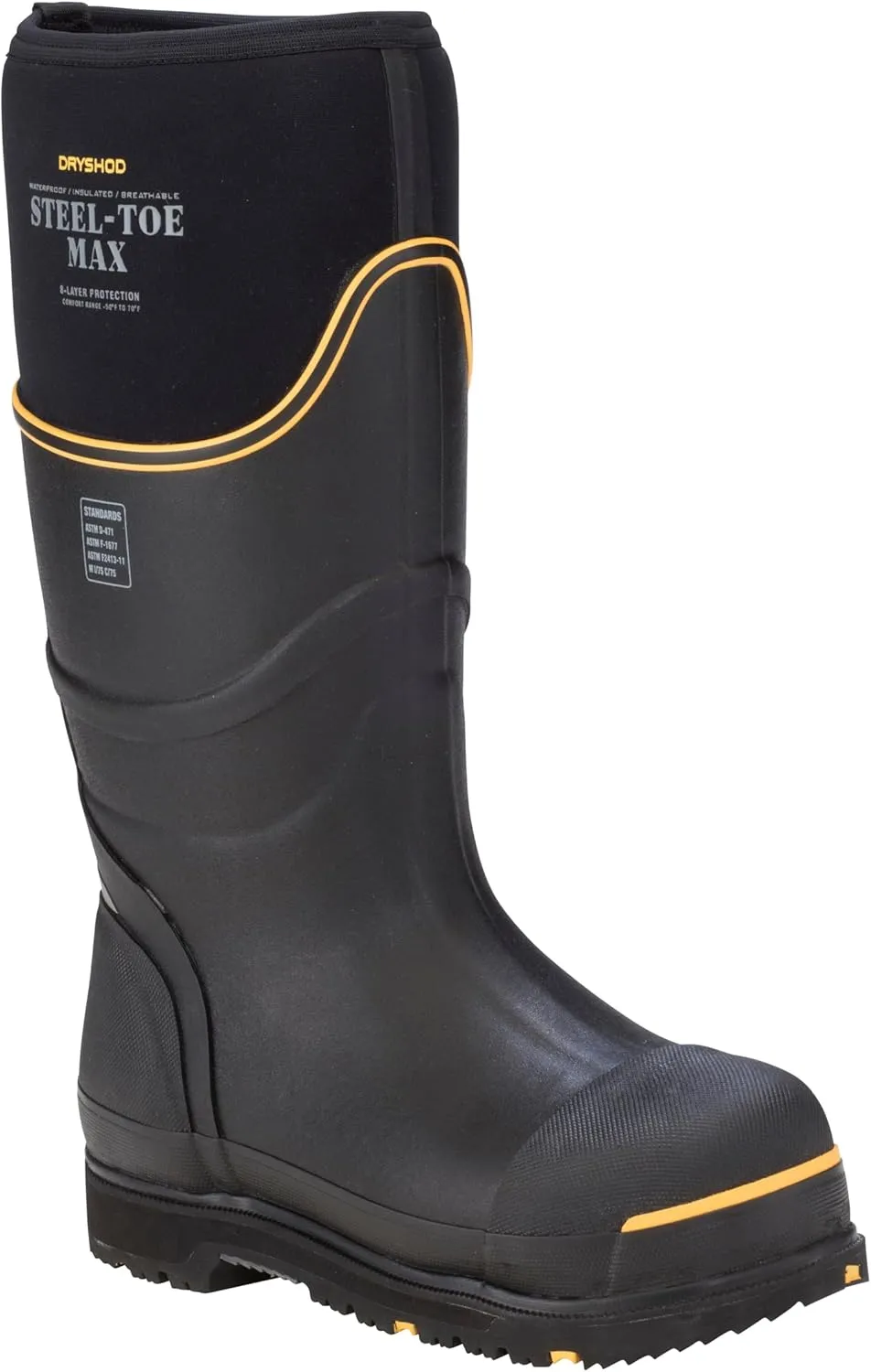 Dryshod Unisex Steel-Toe Max Hi Work Boots | Slip Resistant | Waterproof | Rubber | Black/Yellow