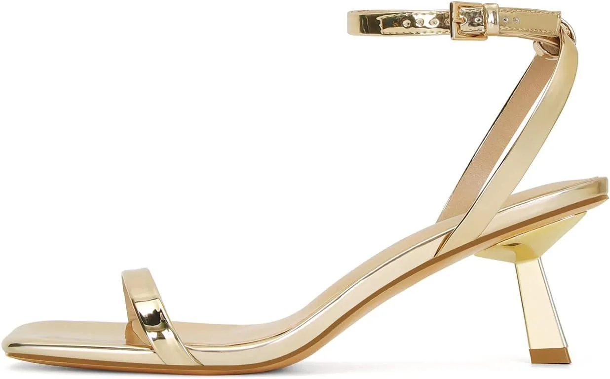 Dsevht Gold Strappy Heels for Women Kitten Heel Sandals Open Square Toe Stiletto High Heels with Ankle Strap Comfort Dress Party Shoes