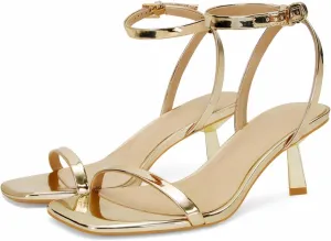 Dsevht Gold Strappy Heels for Women Kitten Heel Sandals Open Square Toe Stiletto High Heels with Ankle Strap Comfort Dress Party Shoes