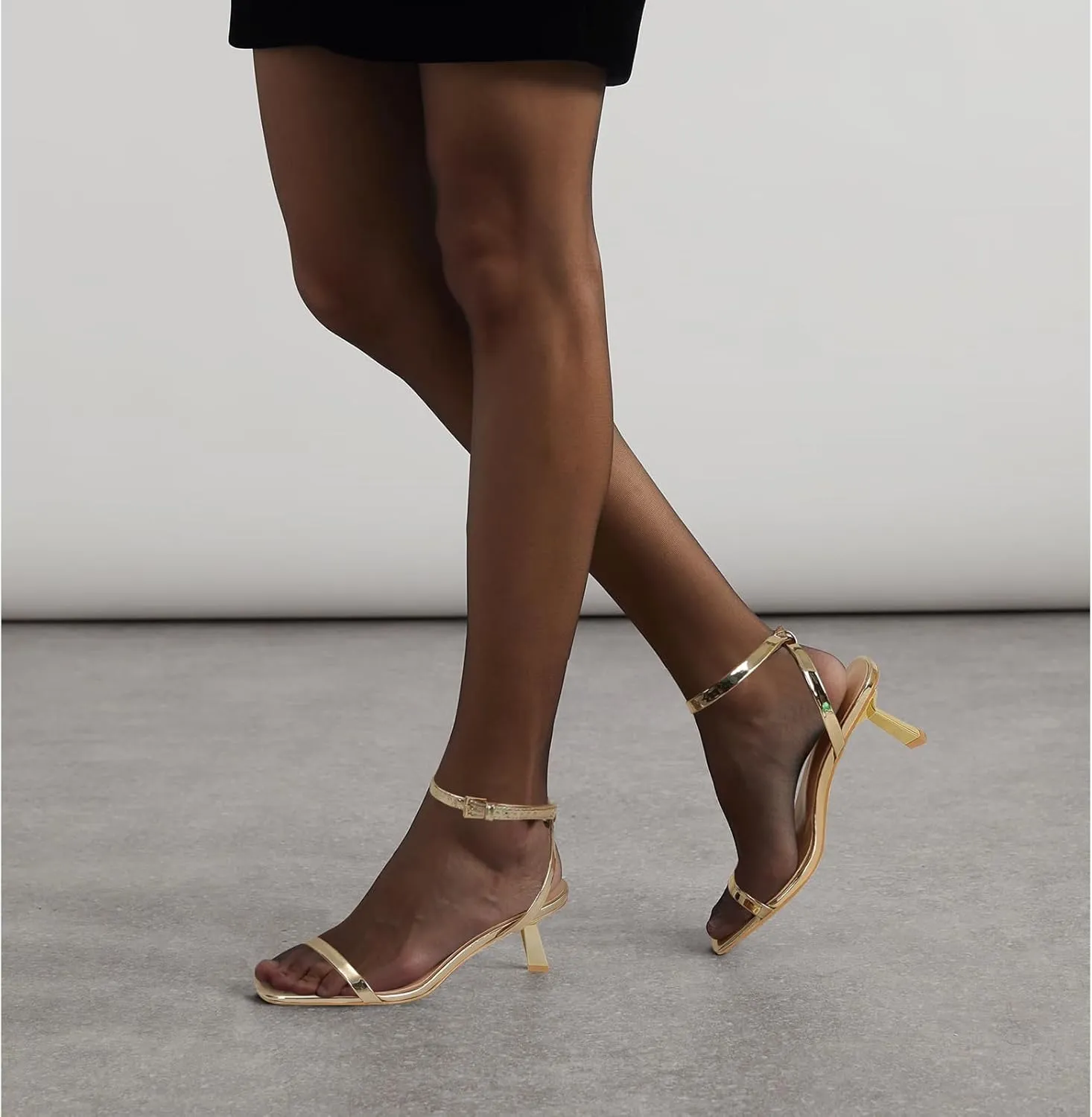Dsevht Gold Strappy Heels for Women Kitten Heel Sandals Open Square Toe Stiletto High Heels with Ankle Strap Comfort Dress Party Shoes