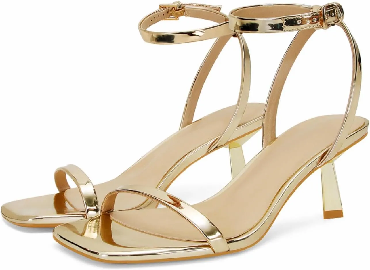 Dsevht Gold Strappy Heels for Women Kitten Heel Sandals Open Square Toe Stiletto High Heels with Ankle Strap Comfort Dress Party Shoes