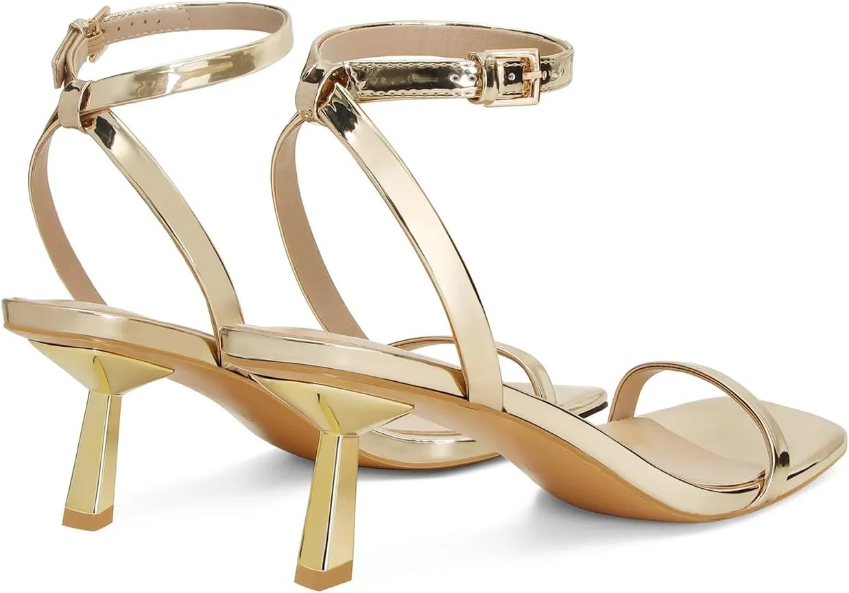Dsevht Gold Strappy Heels for Women Kitten Heel Sandals Open Square Toe Stiletto High Heels with Ankle Strap Comfort Dress Party Shoes