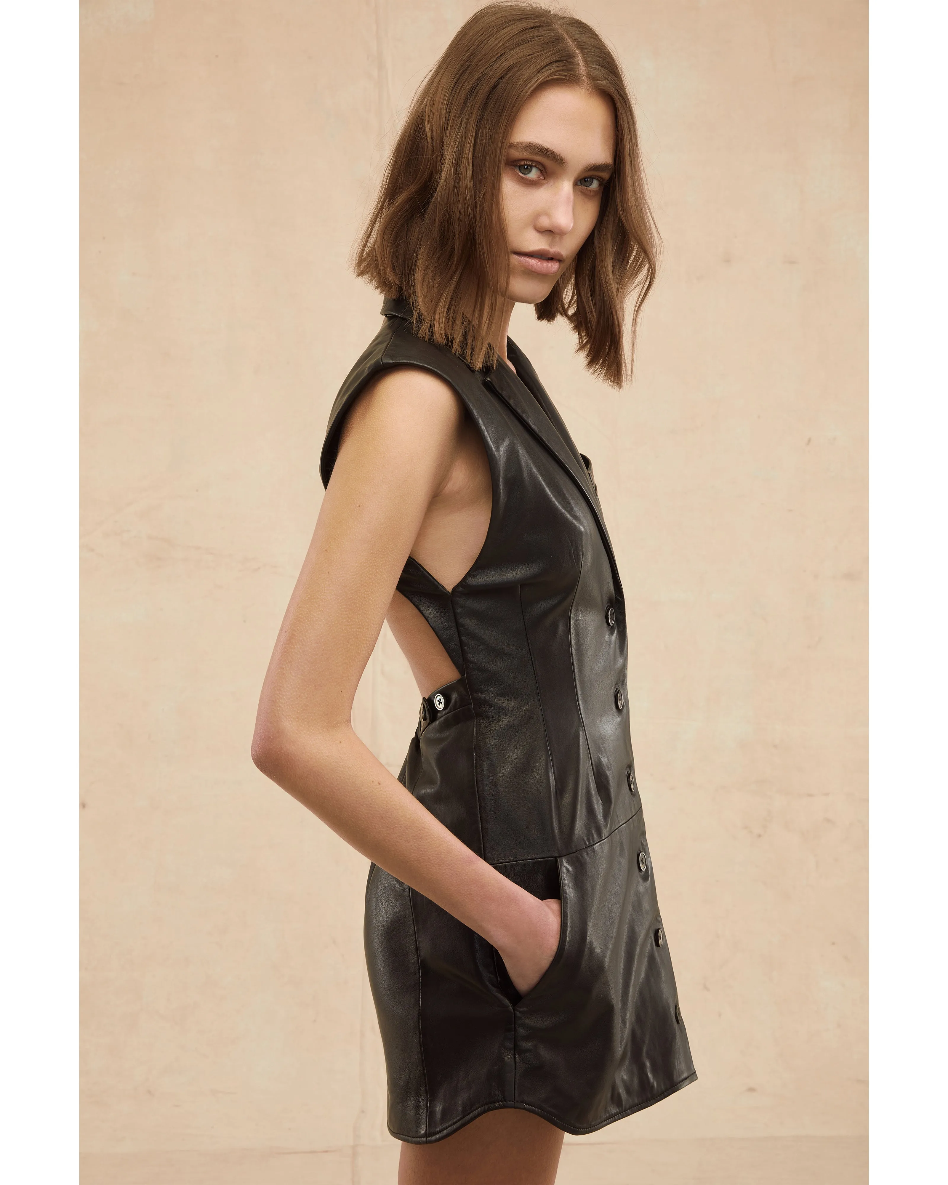 Enzo Leather Open Back Mini Dress