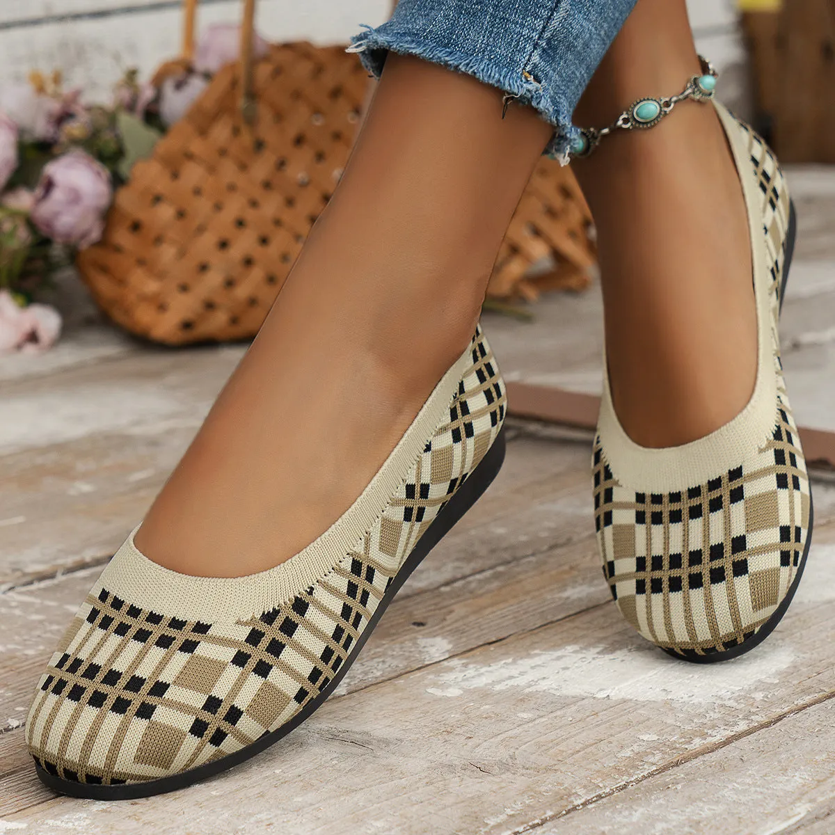 Fashion Plaid Print Flats Shoes New Fashion Casual Breathable Slip On Round-toe Mesh Shoes For Women