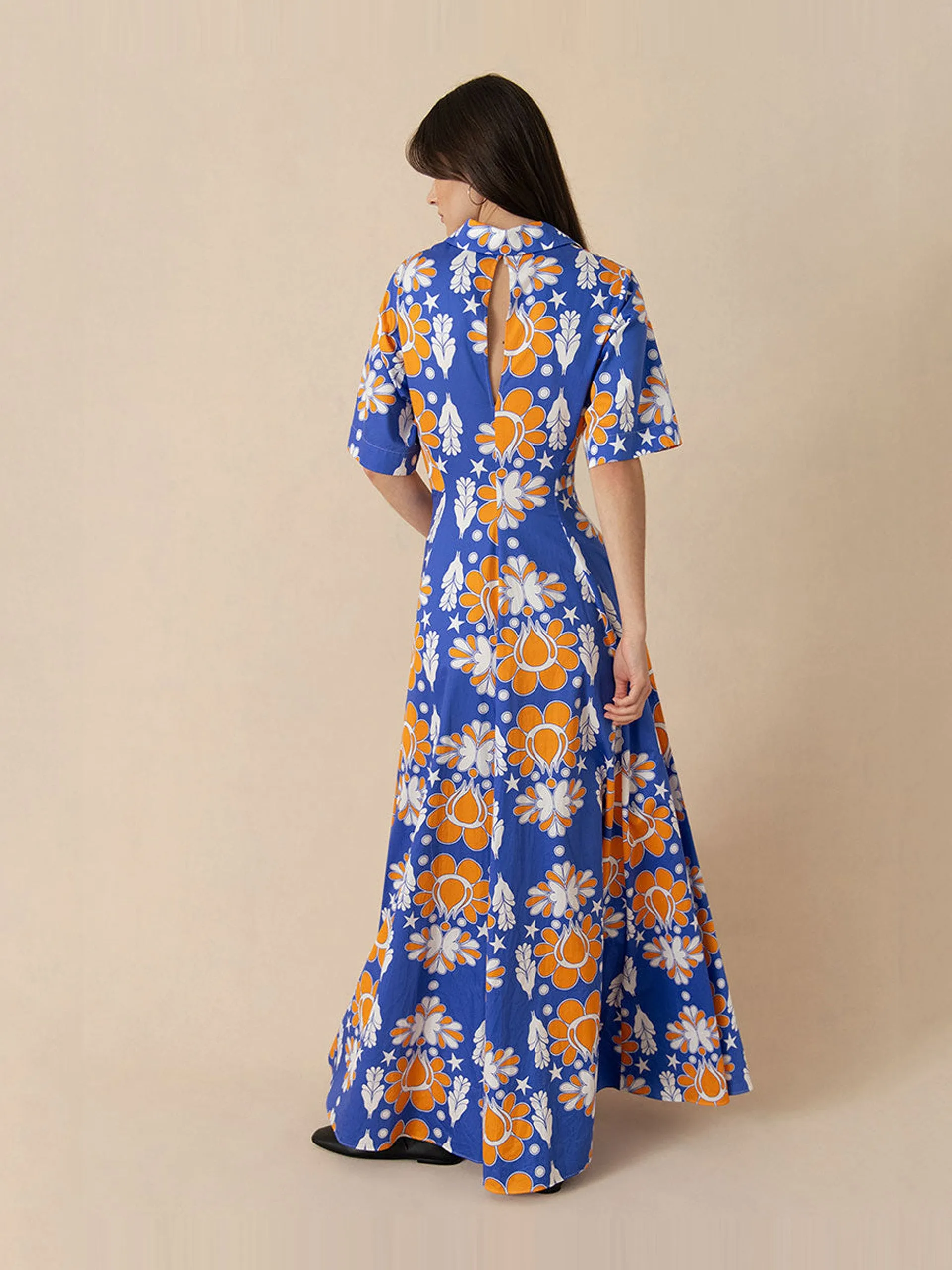 Geo flower blue Posie cotton maxi dress