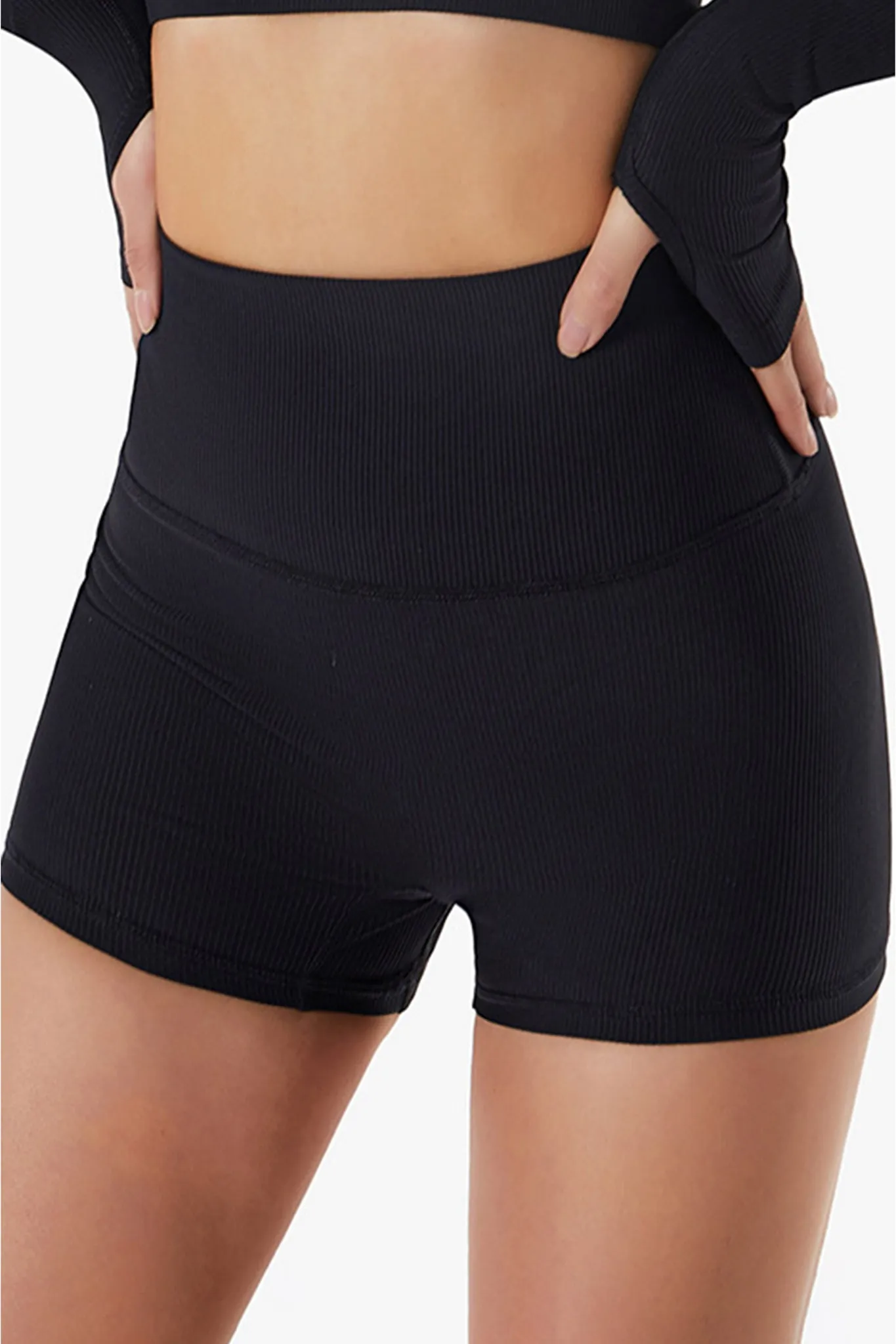 High-Waist Ribbed Seamless Mini Shorts - Black