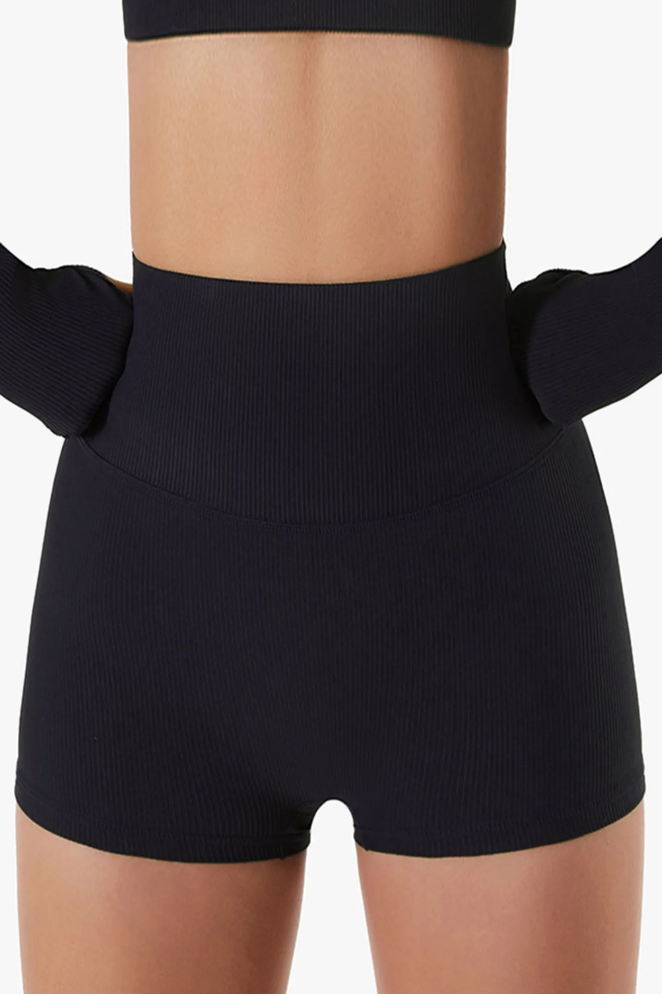 High-Waist Ribbed Seamless Mini Shorts - Black
