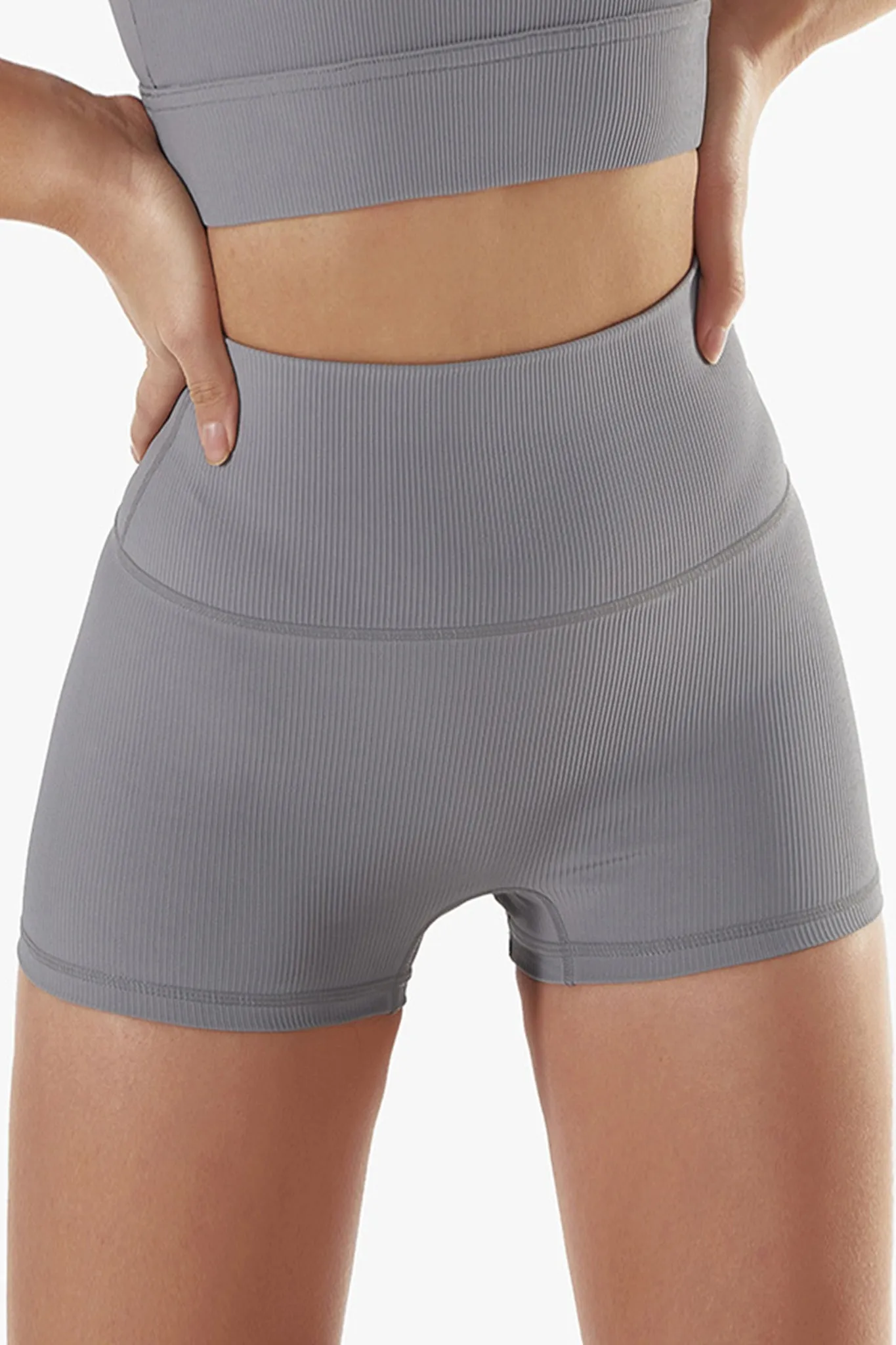 High-Waist Ribbed Seamless Mini Shorts - Grey