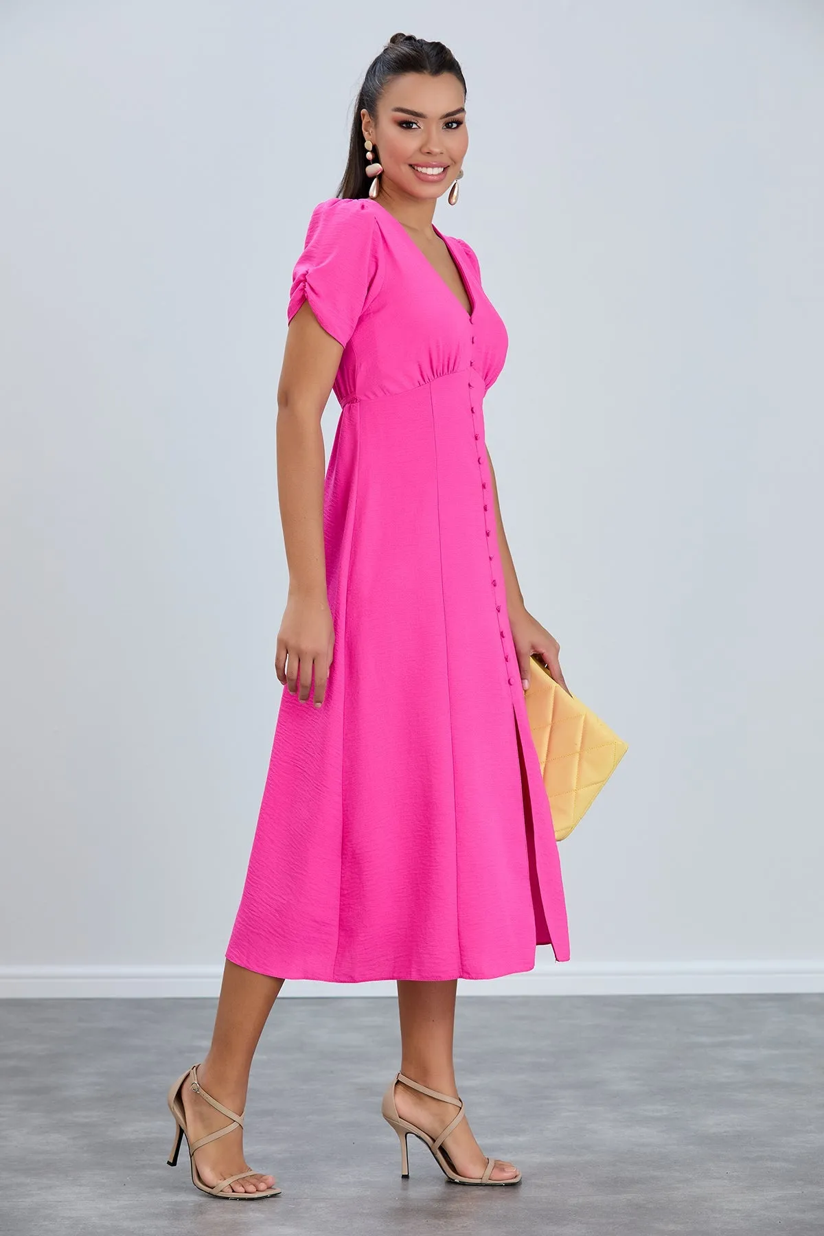 Linen Style Buttoned Shirt Midi Dress in Fuchsia