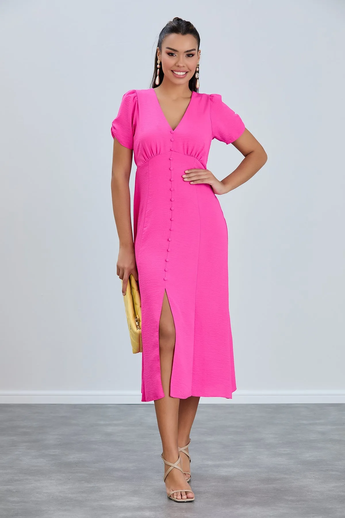 Linen Style Buttoned Shirt Midi Dress in Fuchsia
