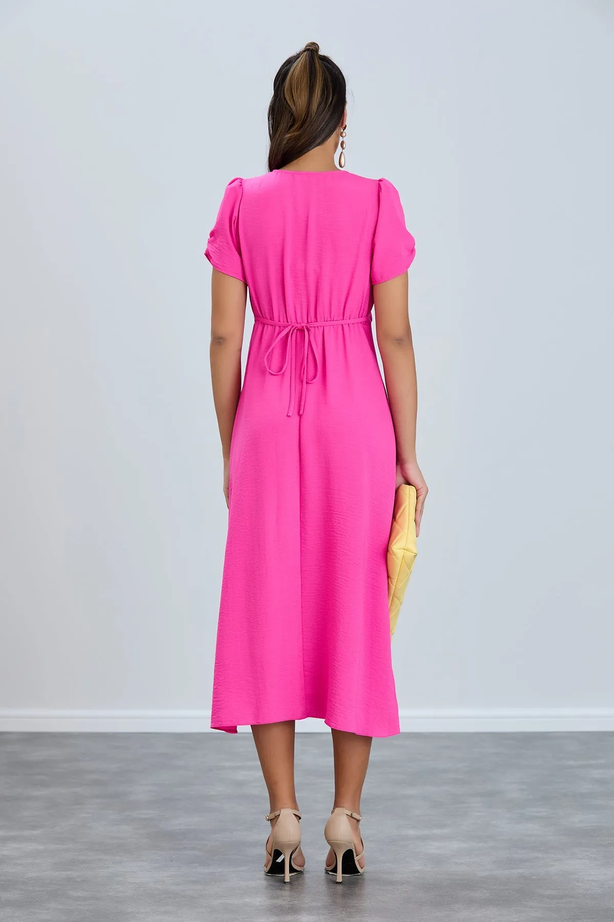 Linen Style Buttoned Shirt Midi Dress in Fuchsia