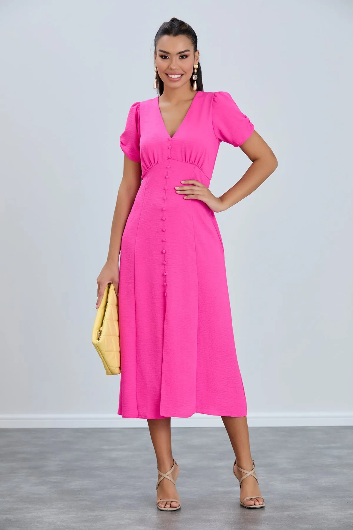 Linen Style Buttoned Shirt Midi Dress in Fuchsia