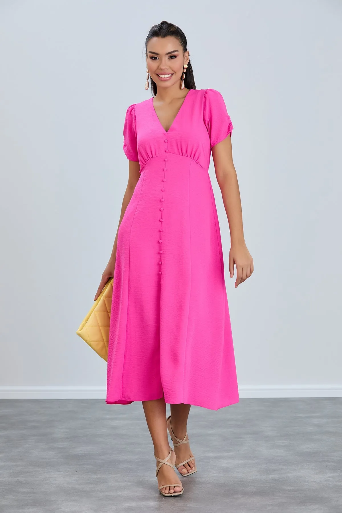 Linen Style Buttoned Shirt Midi Dress in Fuchsia