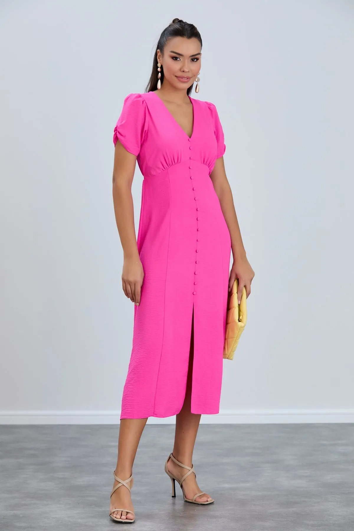 Linen Style Buttoned Shirt Midi Dress in Fuchsia