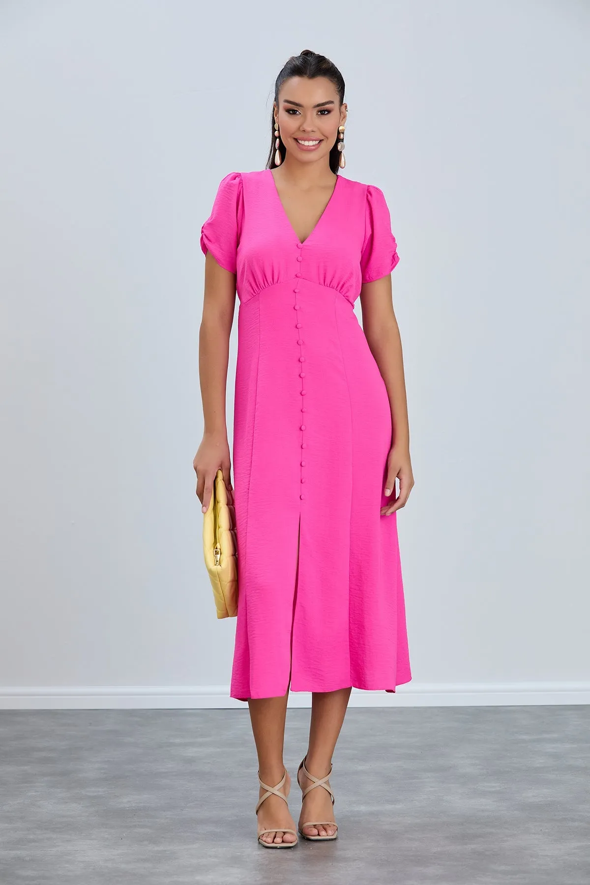 Linen Style Buttoned Shirt Midi Dress in Fuchsia