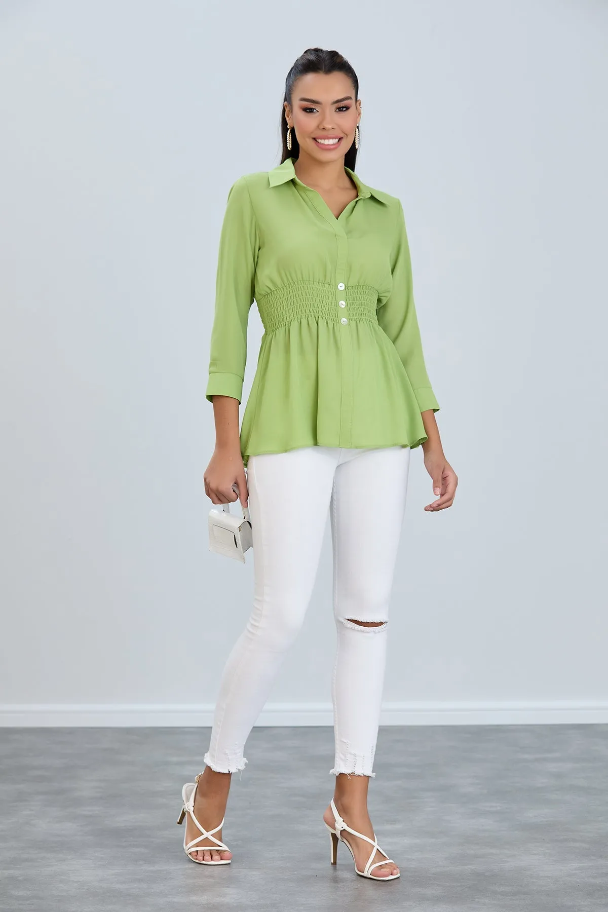 Long Sleeve Elasticated Waist Shirt in Lime Green